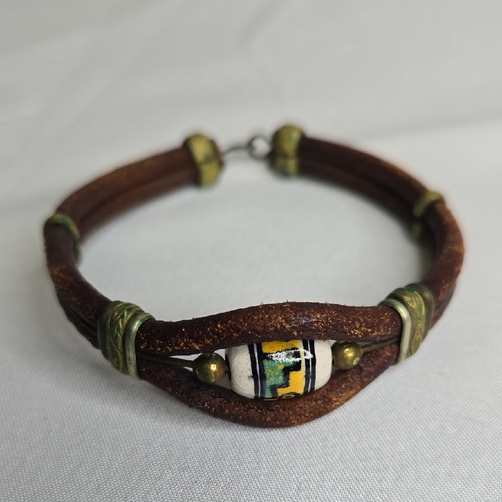 Brown Leather Bracelet with Multicolor Bead